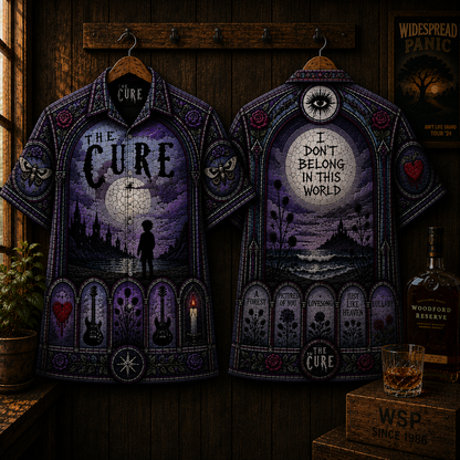 The Cure Gothic Hawaiian Shirt - Dark Wave Alternative Rock Button-Up Shirt - Vintage Stained Glass Music Apparel