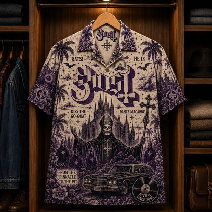Ghost Heavy Is the Crown Hawaiian Shirt - Gothic Metal Band Ritual Artwork Button-Up Summer Shirt for Ghost Fans