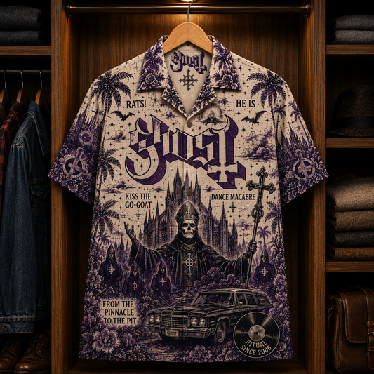 Ghost Heavy Is the Crown Hawaiian Shirt - Gothic Metal Band Ritual Artwork Button-Up Summer Shirt for Ghost Fans