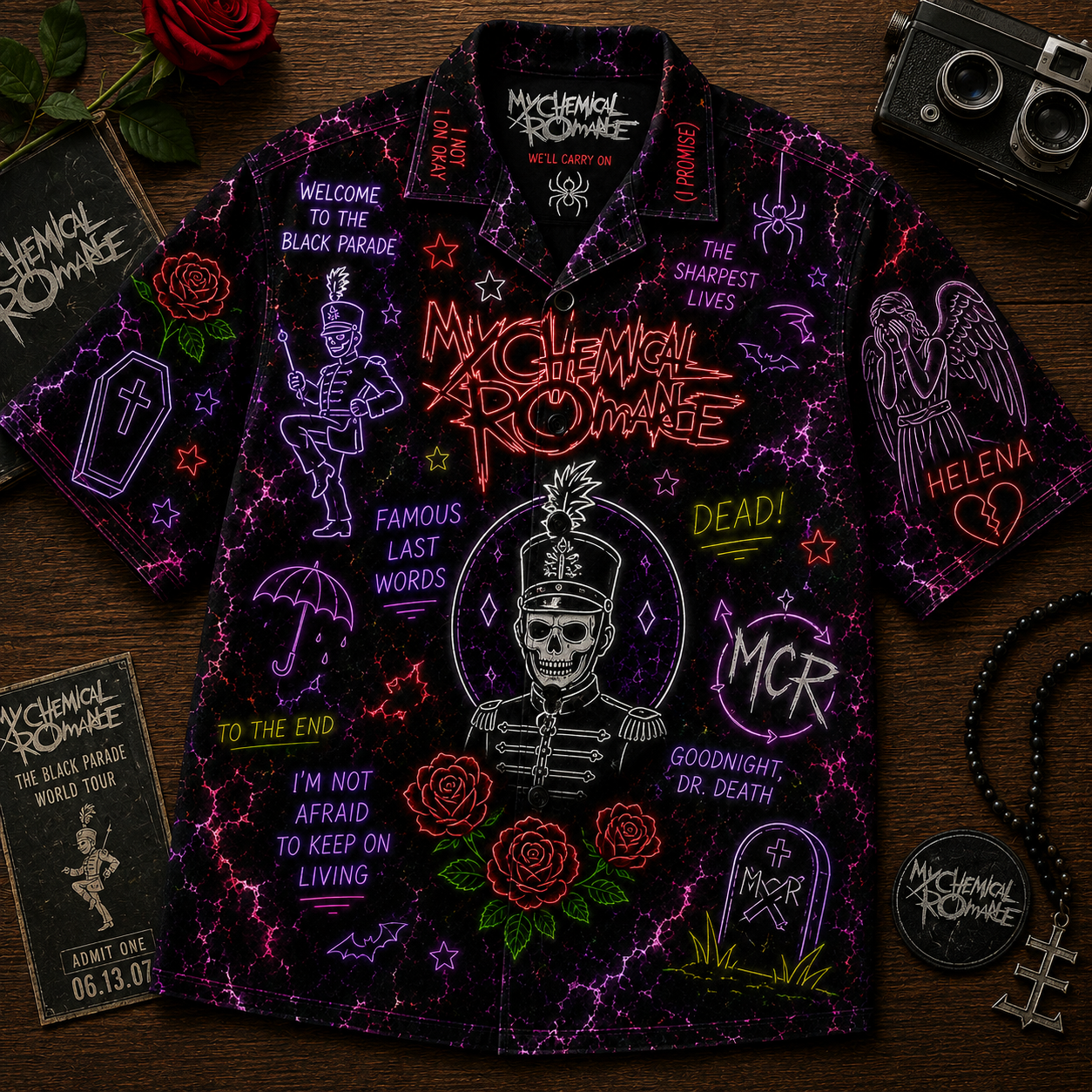My Chemical Romance Neon Hawaiian Shirt - MCR Rock Band All Over Print Hawaiian Shirt - Emo Punk Gothic Summer Button Up Shirt Gift For Fans
