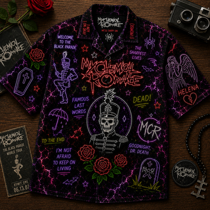 My Chemical Romance Neon Hawaiian Shirt - MCR Rock Band All Over Print Hawaiian Shirt - Emo Punk Gothic Summer Button Up Shirt Gift For Fans