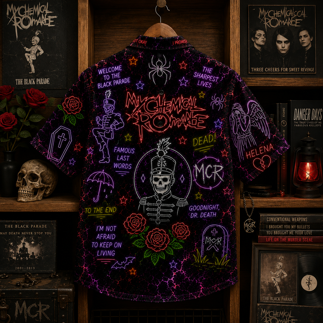 My Chemical Romance Neon Hawaiian Shirt - MCR Rock Band All Over Print Hawaiian Shirt - Emo Punk Gothic Summer Button Up Shirt Gift For Fans