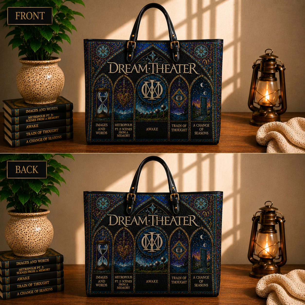 Dream Theater Leather Handbag, Leather Tote Bag, Leather Wallet Set - Stained Glass Dream Theater Band Fan Gift, Luxury Rock Music Accessories