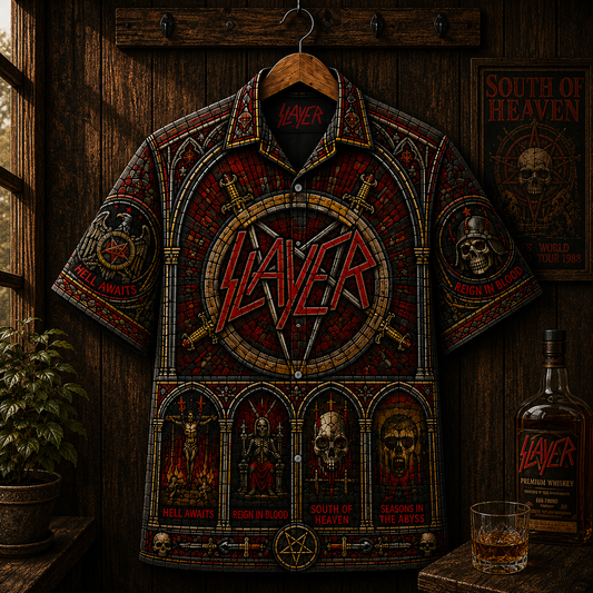 Slayer Hawaiian Shirt - Reign in Blood & South of Heaven Heavy Metal Button-Up Shirt - Gothic Rock Apparel