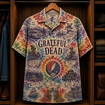 Grateful Dead Tie-Dye Hawaiian Shirt - Vintage Psychedelic Rock Band Button-Up Summer Shirt for Deadheads