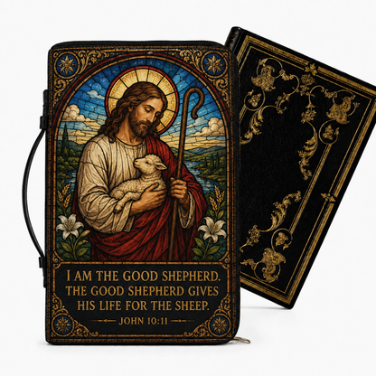 Jesus The Good Shepherd Bible Cover - Christian Leather Bible Cover with John 10:11 Scripture Design