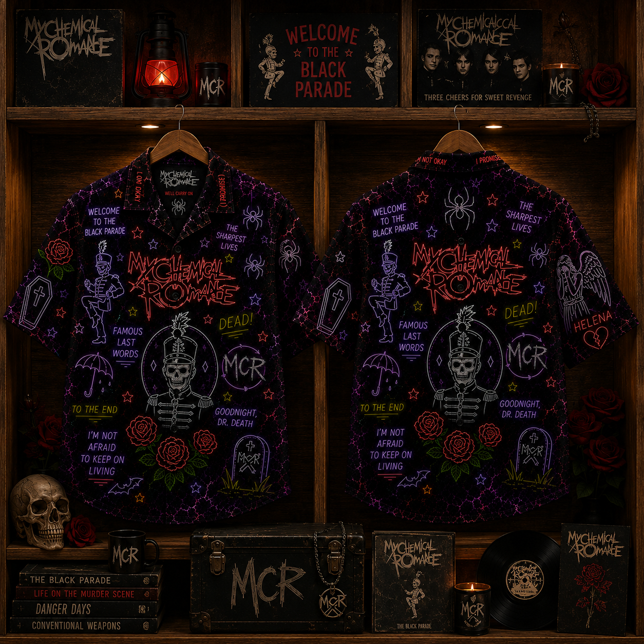 My Chemical Romance Neon Hawaiian Shirt - MCR Rock Band All Over Print Hawaiian Shirt - Emo Punk Gothic Summer Button Up Shirt Gift For Fans
