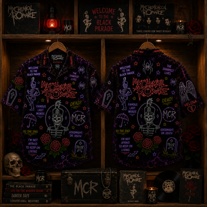 My Chemical Romance Neon Hawaiian Shirt - MCR Rock Band All Over Print Hawaiian Shirt - Emo Punk Gothic Summer Button Up Shirt Gift For Fans