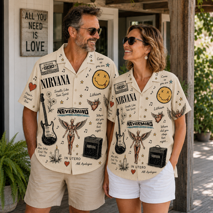 Nirvana Vintage Sketch Hawaiian Shirt - Nevermind Button Up Shirt with Smiley Face, In Utero Angel and Classic Grunge Artwork