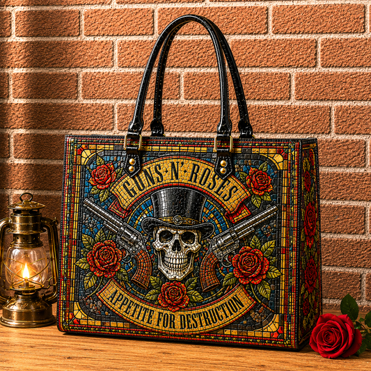 Guns N' Roses Leather Handbag, Leather Tote Bag, Leather Wallet Set - Stained Glass Mosaic Guns N' Roses Band Fan Gift, Luxury Rock Music Accessories