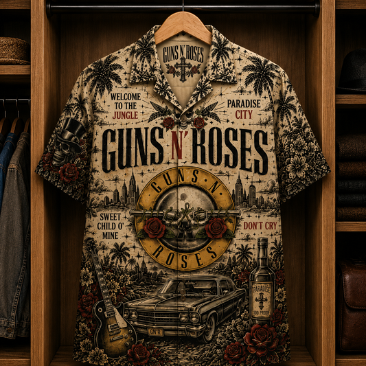 Guns N' Roses Paradise City Hawaiian Shirt - Classic Hard Rock Band Graphic Button-Up Summer Shirt for Guns N' Roses Fans