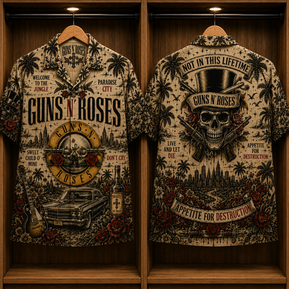 Guns N' Roses Paradise City Hawaiian Shirt - Classic Hard Rock Band Graphic Button-Up Summer Shirt for Guns N' Roses Fans