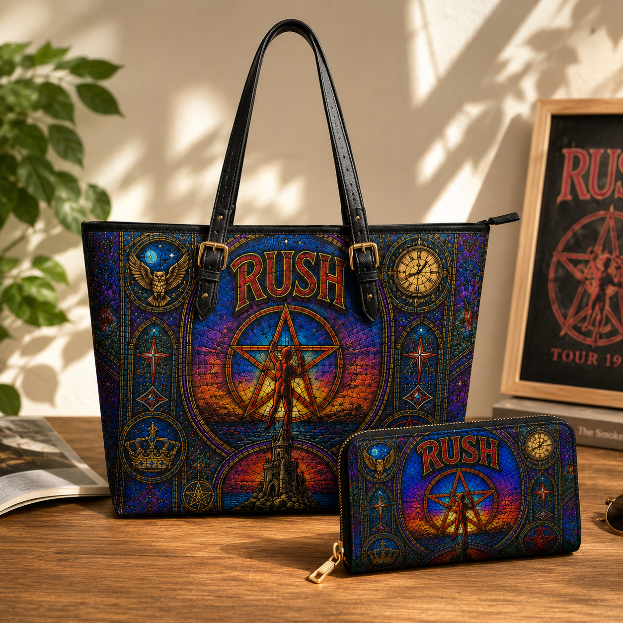 Rush Leather Handbag, Leather Tote Bag, Leather Wallet Set - Stained Glass Rush Band Fan Gift, Luxury Rock Music Accessories