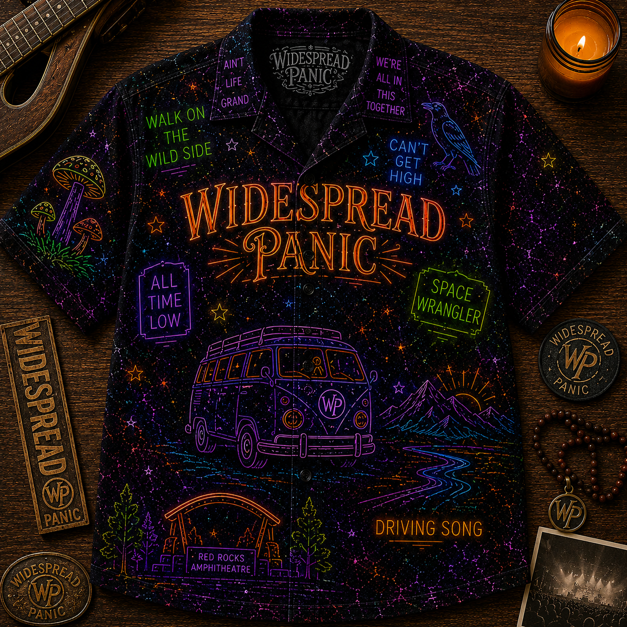 Widespread Panic Neon Hawaiian Shirt - Retro Jam Band All Over Print Hawaiian Shirt - Psychedelic Rock Summer Button Up Shirt