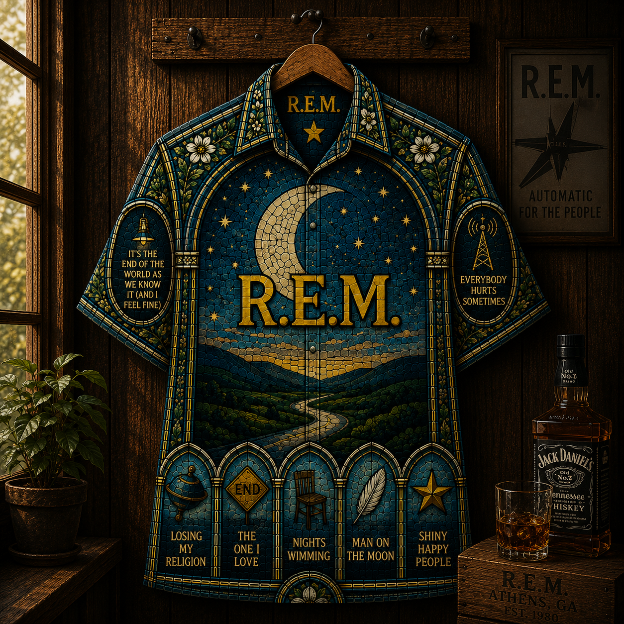 R.E.M. Hawaiian Shirt - Vintage Alternative Rock Button-Up Shirt Stained Glass Music Fan Gift