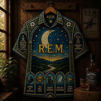 R.E.M. Hawaiian Shirt - Vintage Alternative Rock Button-Up Shirt Stained Glass Music Fan Gift