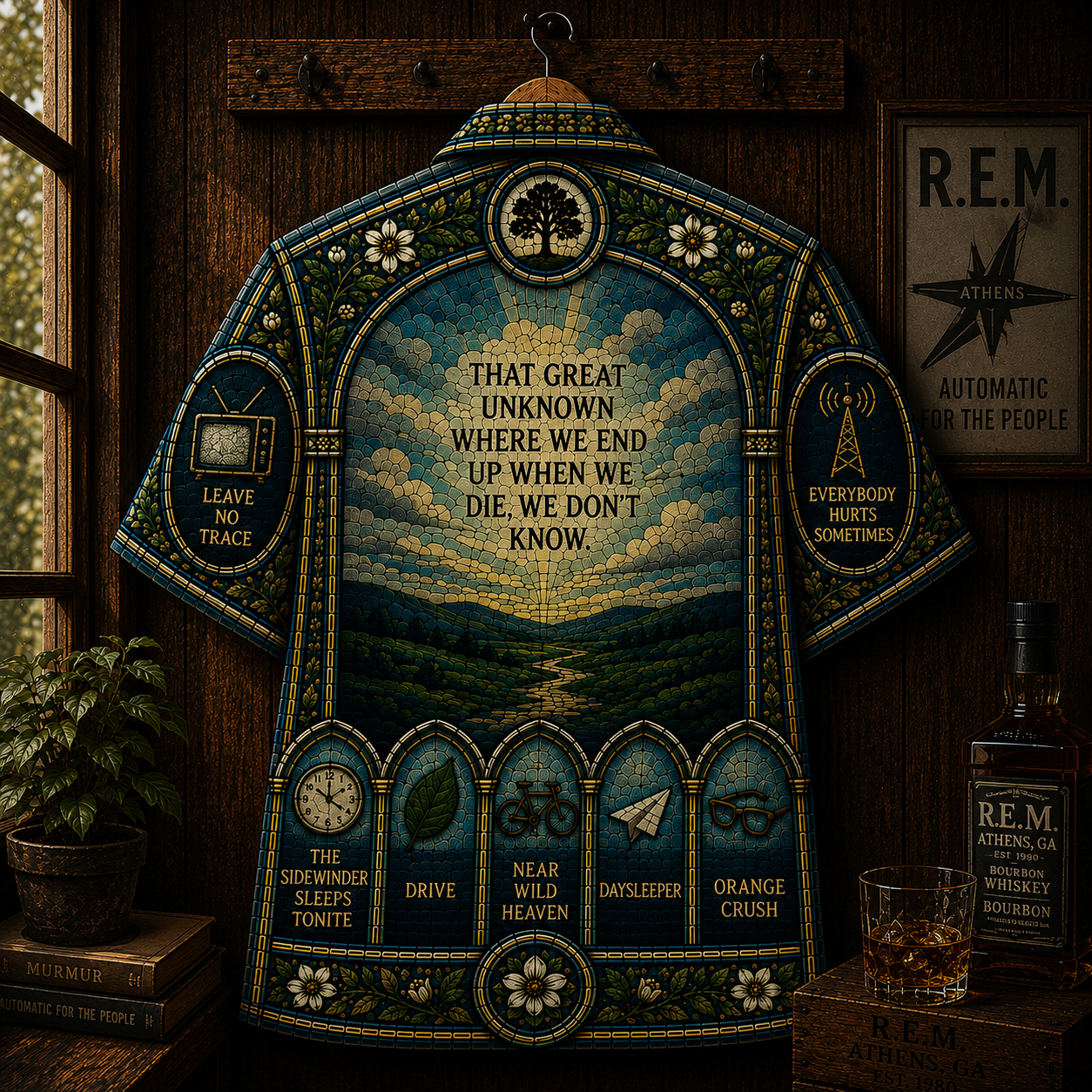 R.E.M. Hawaiian Shirt - Vintage Alternative Rock Button-Up Shirt Stained Glass Music Fan Gift