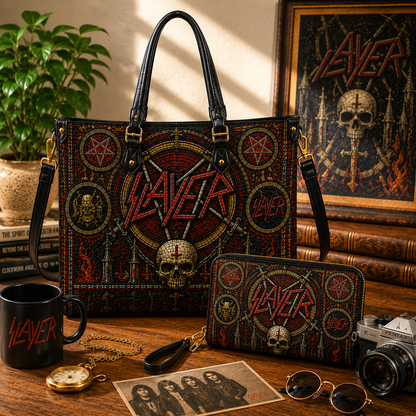 Slayer Leather Handbag, Leather Tote Bag, Leather Wallet Set - Stained Glass Slayer Band Fan Gift, Luxury Rock Music Accessories