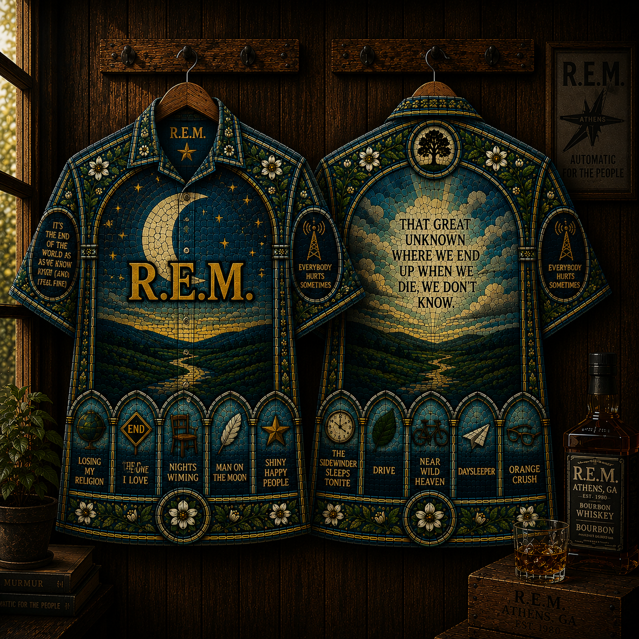 R.E.M. Hawaiian Shirt - Vintage Alternative Rock Button-Up Shirt Stained Glass Music Fan Gift