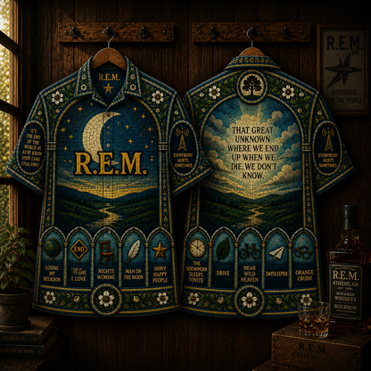 R.E.M. Hawaiian Shirt - Vintage Alternative Rock Button-Up Shirt Stained Glass Music Fan Gift