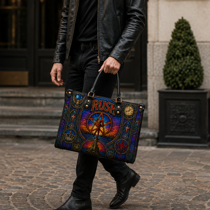 Rush Leather Handbag, Leather Tote Bag, Leather Wallet Set - Stained Glass Rush Band Fan Gift, Luxury Rock Music Accessories