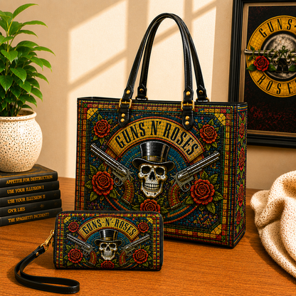 Guns N' Roses Leather Handbag, Leather Tote Bag, Leather Wallet Set - Stained Glass Mosaic Guns N' Roses Band Fan Gift, Luxury Rock Music Accessories