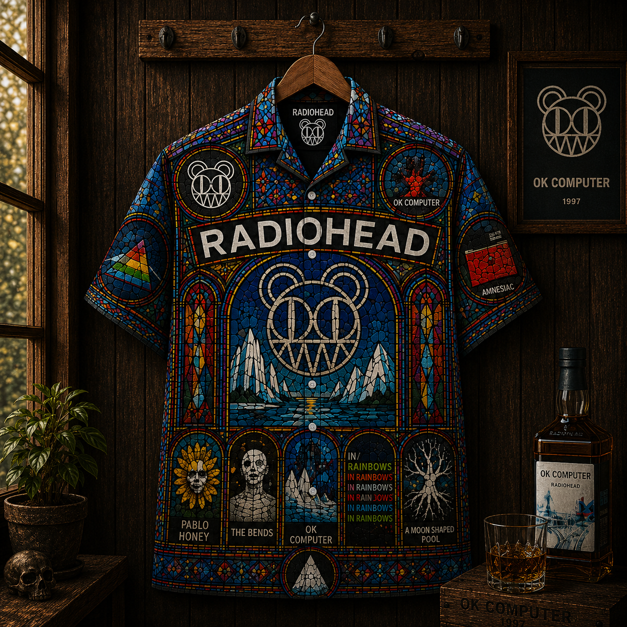 Radiohead Hawaiian Shirt - OK Computer & In Rainbows Stained Glass Button-Up Shirt  Alternative Rock Fan Gift