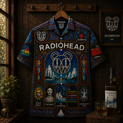 Radiohead Hawaiian Shirt - OK Computer & In Rainbows Stained Glass Button-Up Shirt  Alternative Rock Fan Gift