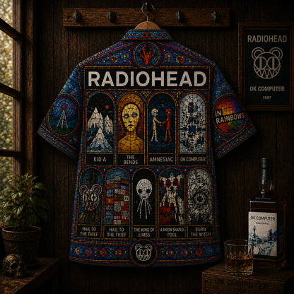 Radiohead Hawaiian Shirt - OK Computer & In Rainbows Stained Glass Button-Up Shirt  Alternative Rock Fan Gift