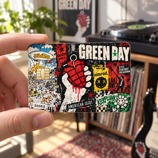 Green Day Credit Card Sticker, American Idiot Dookie Nimrod Card Skin, Punk Rock Album Collage Wallet Decal Gift