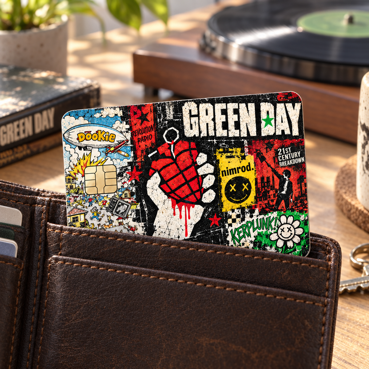Green Day Credit Card Sticker, American Idiot Dookie Nimrod Card Skin, Punk Rock Album Collage Wallet Decal Gift