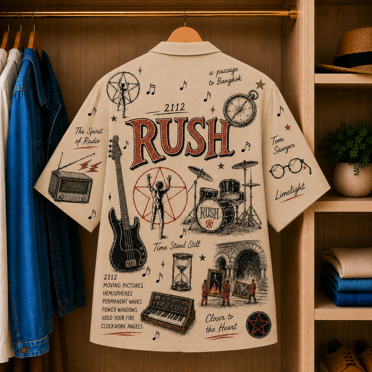Rush Vintage Sketch Hawaiian Shirt - 2112 Button Up Shirt with Tom Sawyer, Limelight and Progressive Rock Artwork