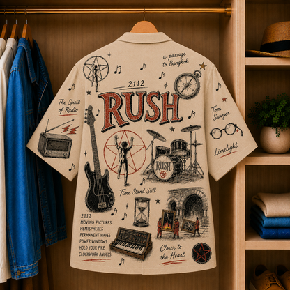 Rush Vintage Sketch Hawaiian Shirt - 2112 Button Up Shirt with Tom Sawyer, Limelight and Progressive Rock Artwork