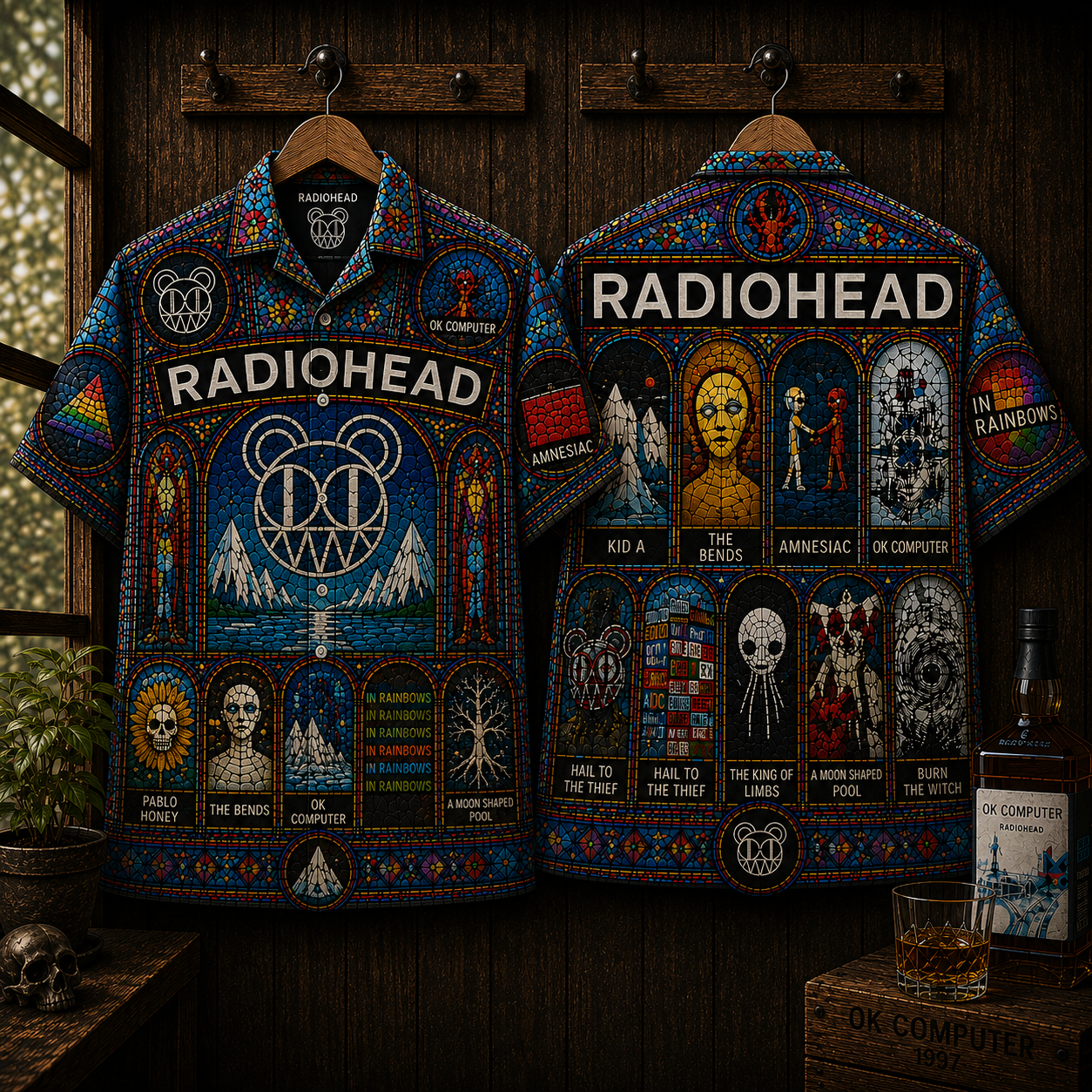 Radiohead Hawaiian Shirt - OK Computer & In Rainbows Stained Glass Button-Up Shirt  Alternative Rock Fan Gift
