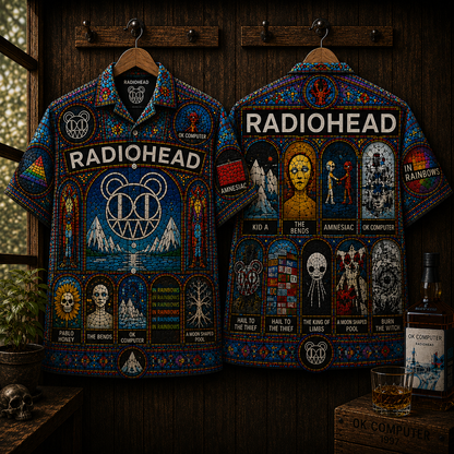 Radiohead Hawaiian Shirt - OK Computer & In Rainbows Stained Glass Button-Up Shirt  Alternative Rock Fan Gift