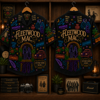 Fleetwood Mac Neon Hawaiian Shirt - Classic Rock Band All Over Print Hawaiian Shirt - Retro Music Summer Button Up Shirt