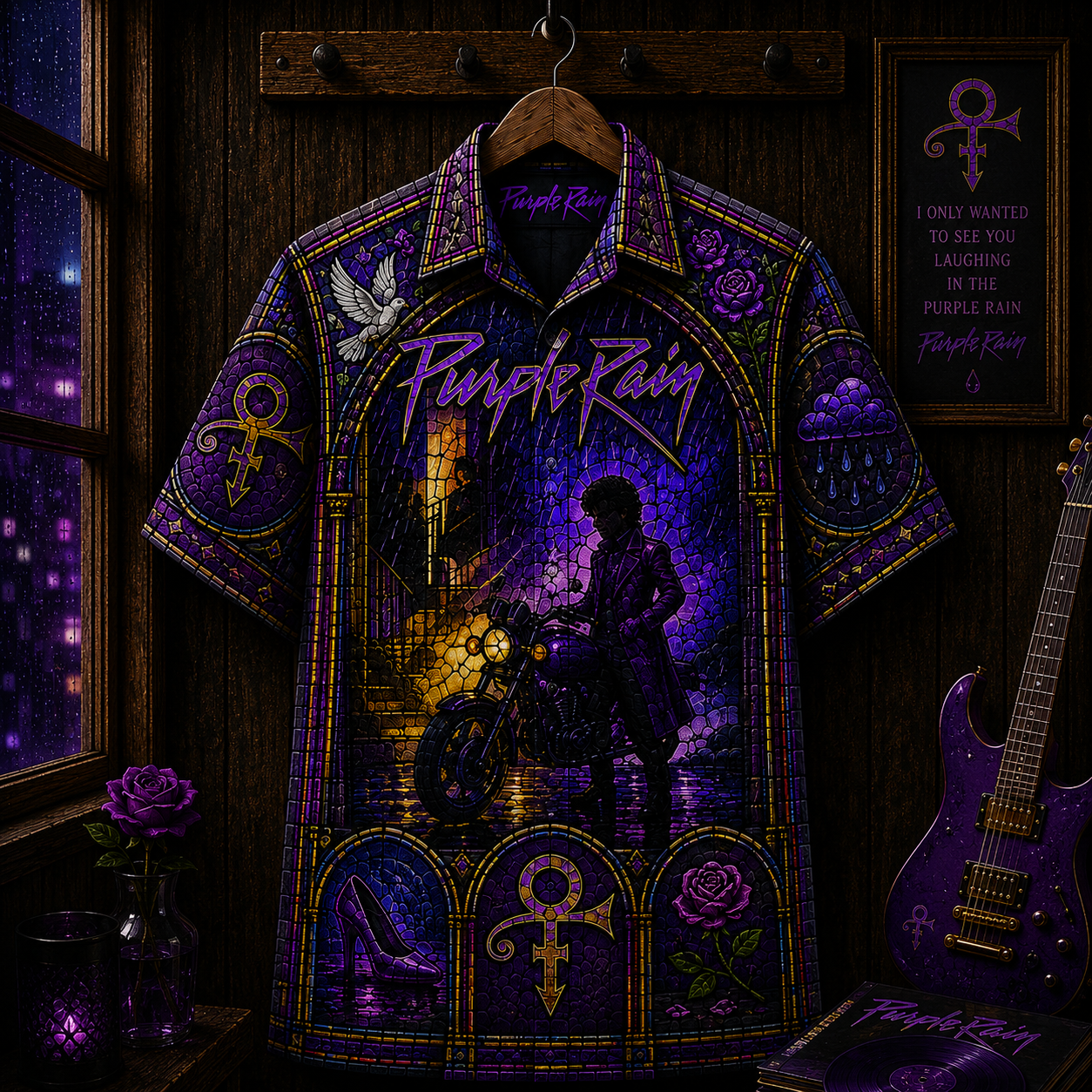 Purple Rain Hawaiian Shirt - Prince Inspired Stained Glass Button-Up Shirt Vintage Music Fan Gift