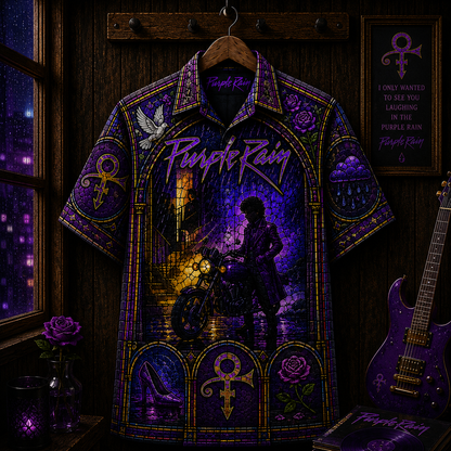 Purple Rain Hawaiian Shirt - Prince Inspired Stained Glass Button-Up Shirt Vintage Music Fan Gift