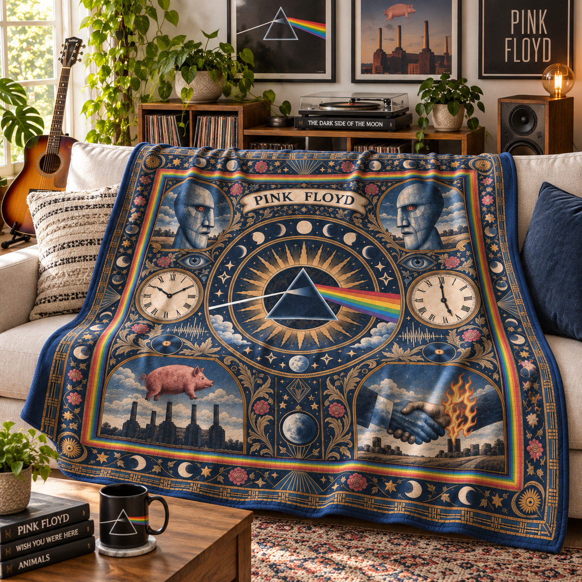 Pink Floyd Sherpa Blanket, Dark Side of the Moon Heritage Pattern Blanket, Wish You Were Here Rock Band Gift