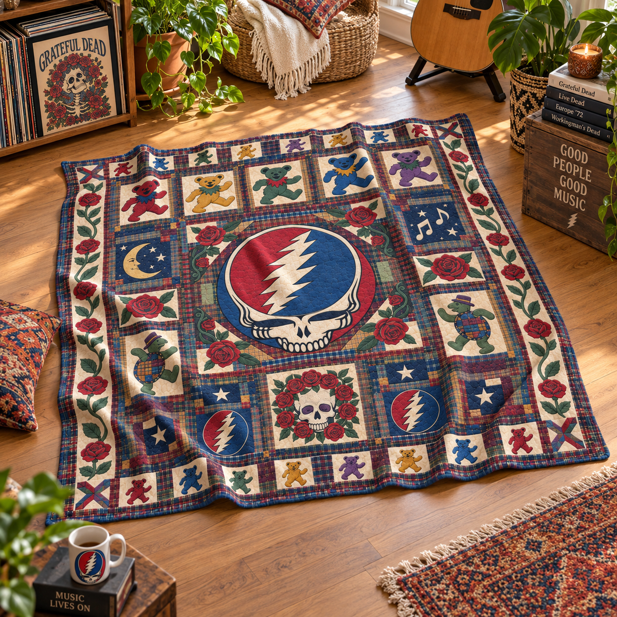 Grateful Dead Sherpa Blanket, Dancing Bears Patchwork Blanket, Steal Your Face Rose Quilt Style Throw, Deadhead Gift