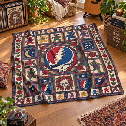 Grateful Dead Sherpa Blanket, Dancing Bears Patchwork Blanket, Steal Your Face Rose Quilt Style Throw, Deadhead Gift