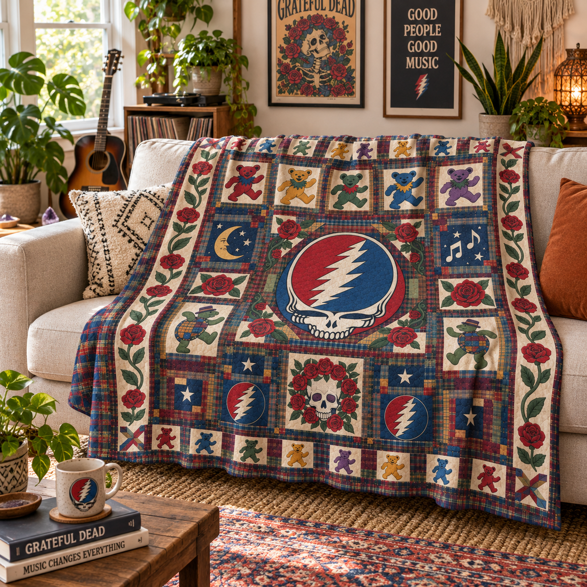 Grateful Dead Sherpa Blanket, Dancing Bears Patchwork Blanket, Steal Your Face Rose Quilt Style Throw, Deadhead Gift