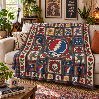 Grateful Dead Sherpa Blanket, Dancing Bears Patchwork Blanket, Steal Your Face Rose Quilt Style Throw, Deadhead Gift