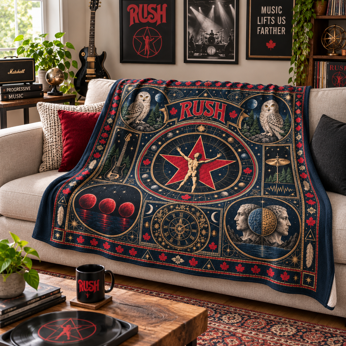 Rush Heritage Pattern Sherpa, 2112 Starman Rock Band Blanket, Moving Pictures Inspired Bedding, Vintage Rush Fan Gift