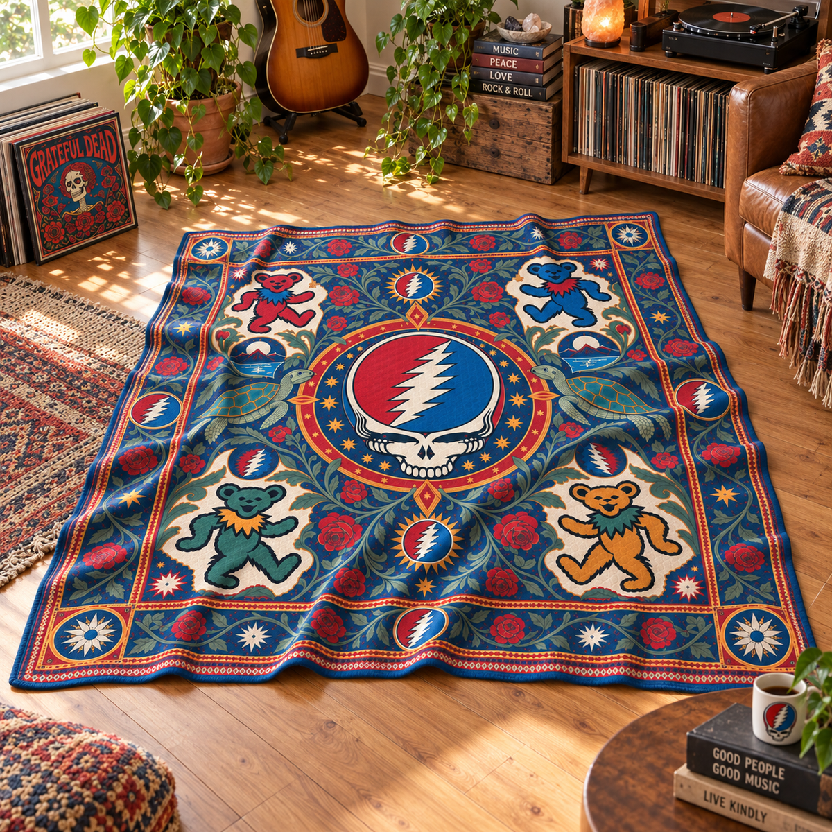Grateful Dead Dancing Bears Sherpa Blanket, Steal Your Face Rose Heritage Throw, Psychedelic Deadhead Bedding Gift