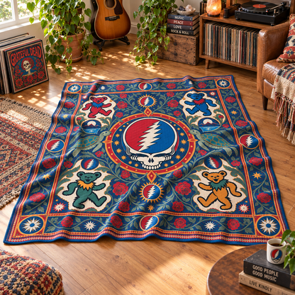 Grateful Dead Dancing Bears Sherpa Blanket, Steal Your Face Rose Heritage Throw, Psychedelic Deadhead Bedding Gift
