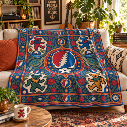 Grateful Dead Dancing Bears Sherpa Blanket, Steal Your Face Rose Heritage Throw, Psychedelic Deadhead Bedding Gift