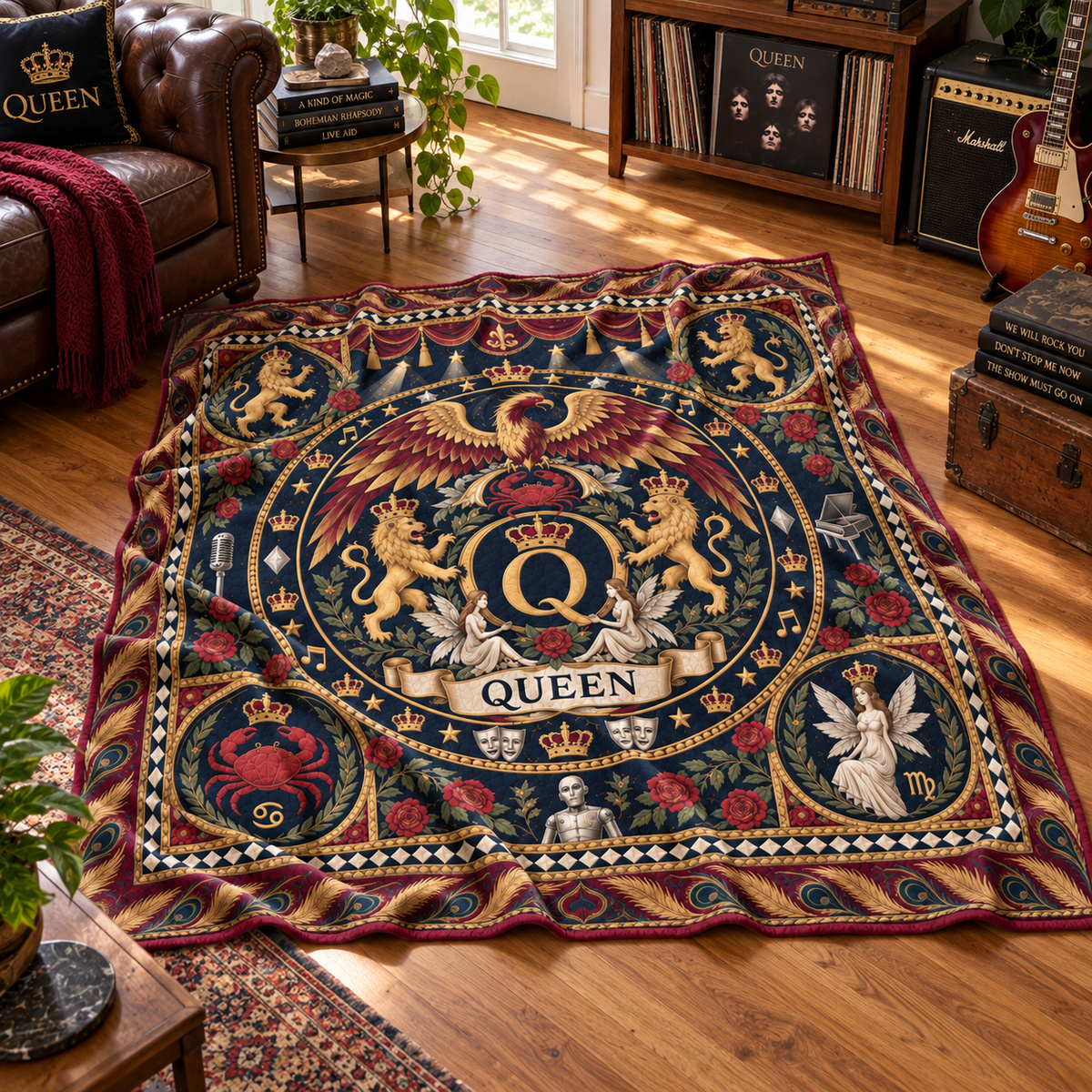 Queen Sherpa Blanket, Heritage Pattern Rock Blanket, Bohemian Rhapsody Band Bedding, Vintage Queen Fan Gift