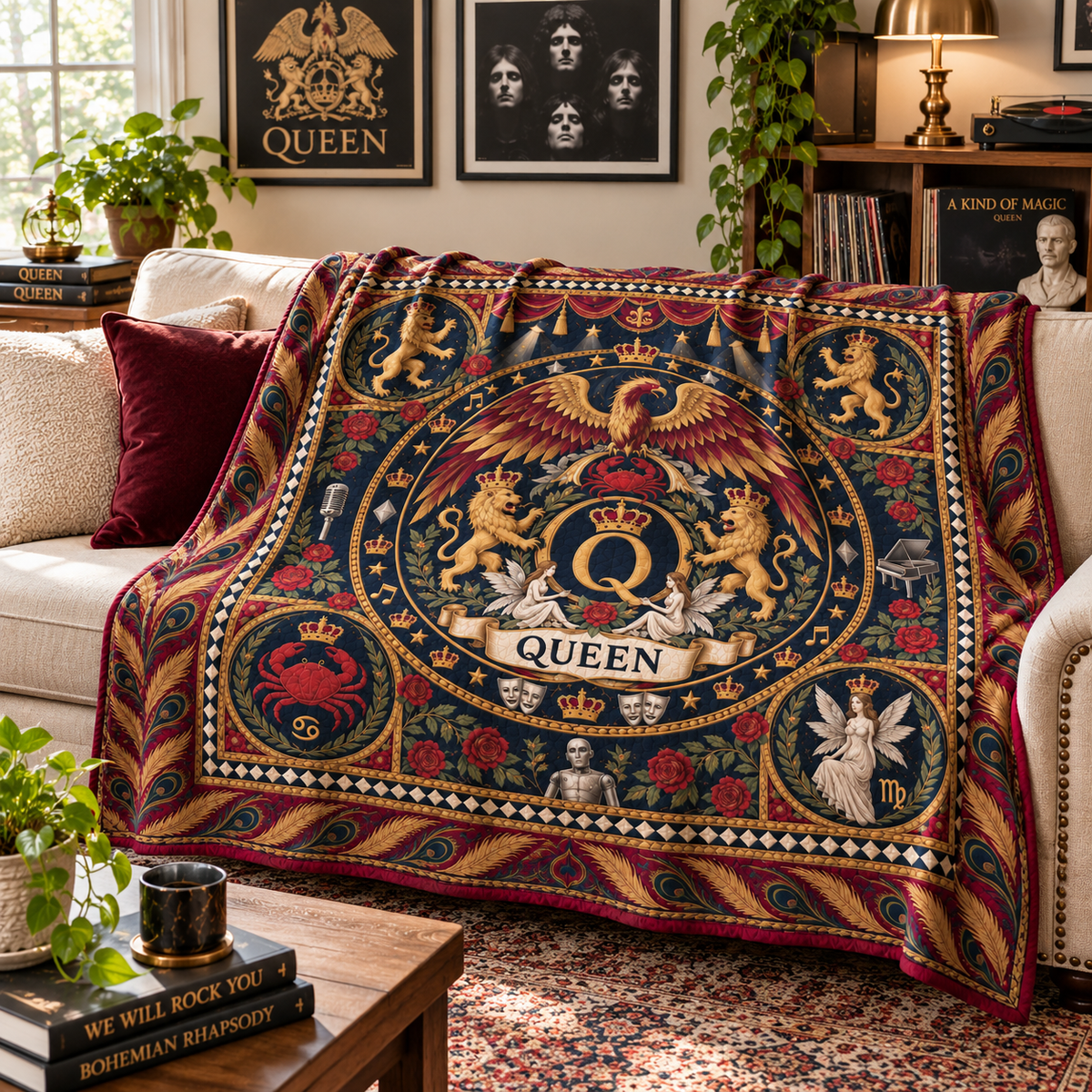 Queen Sherpa Blanket, Heritage Pattern Rock Blanket, Bohemian Rhapsody Band Bedding, Vintage Queen Fan Gift