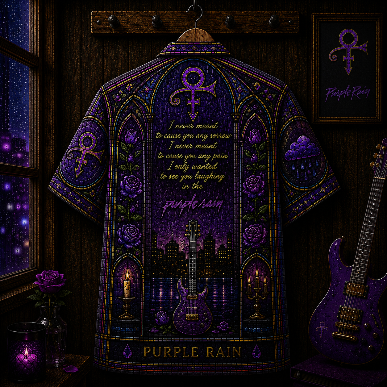 Purple Rain Hawaiian Shirt - Prince Inspired Stained Glass Button-Up Shirt Vintage Music Fan Gift